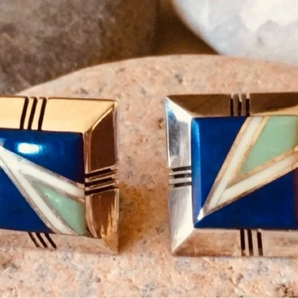 Vintage Gilbert Nelson Native American Lapis Turquoise Navajo Earrings - Picture 9 of 14